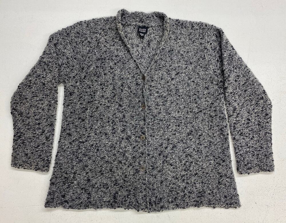 Women Eileen Fisher Italian Yarn textured merino wool button cardigan sweater M